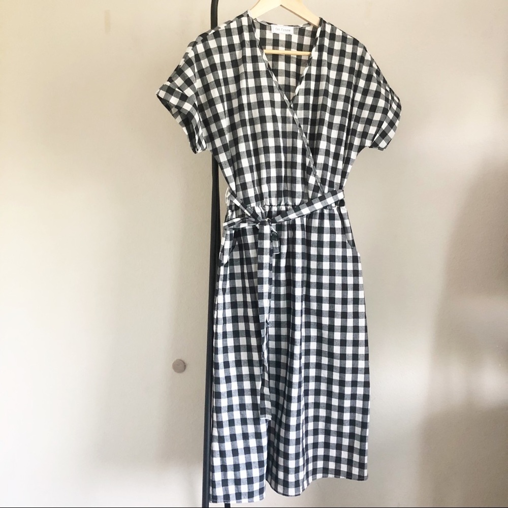 Ces Femme Black White Gingham Wrap Midi Dress Sz.M